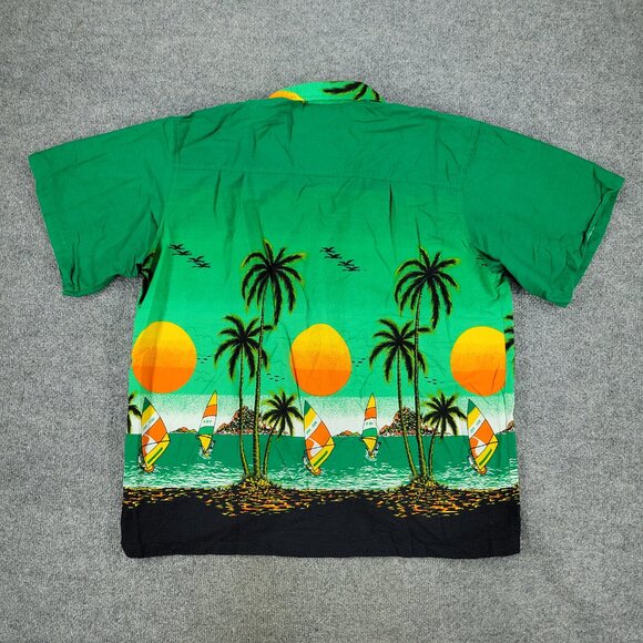 Caribbean Fashions Button Shirt Men 2XL Green AOP Graphic Short Sleeve Pocket - Picture 10 of 14